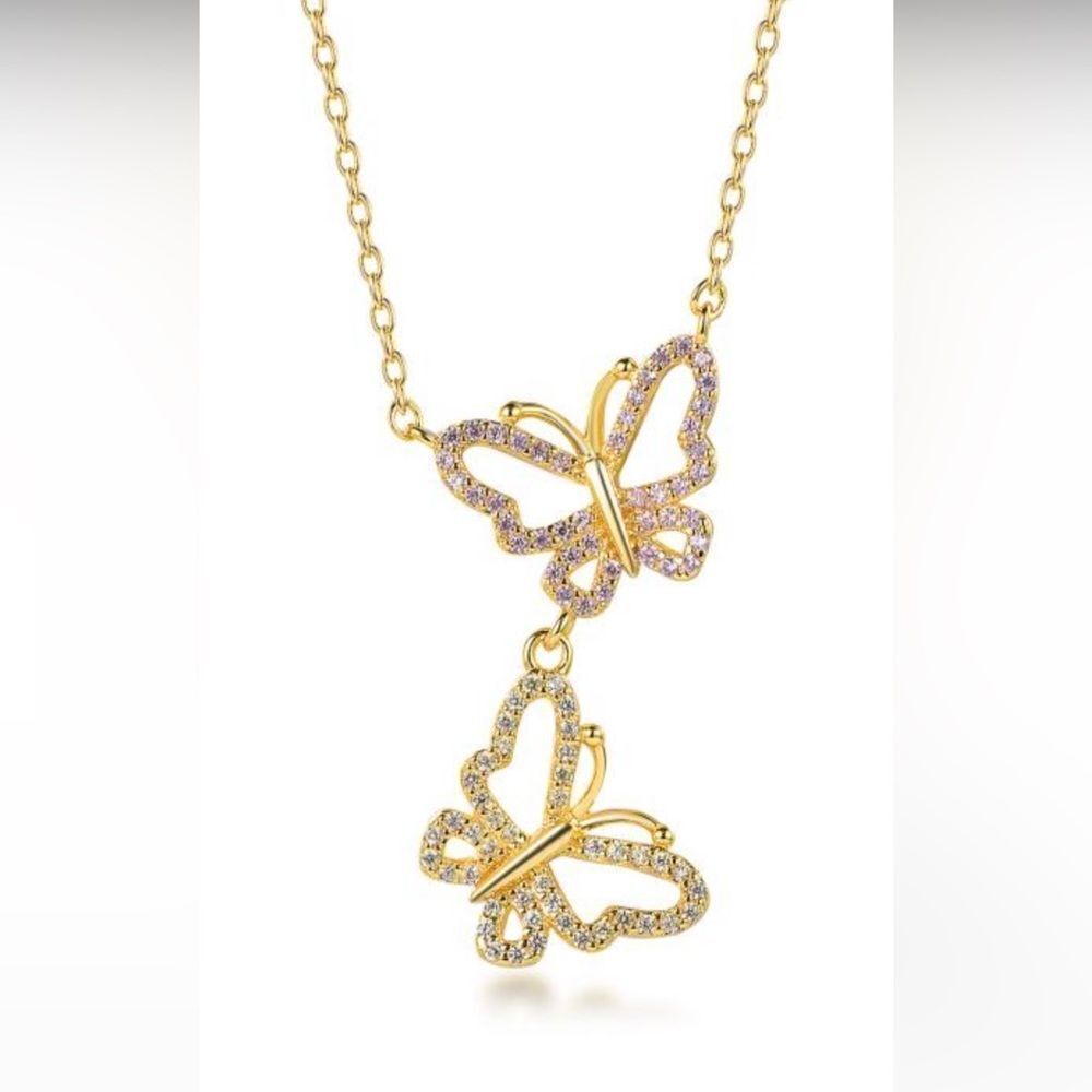 New Sterling silver 14k plated cubic zirconia butterfly 18”necklace